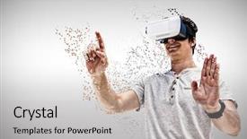  Presentation with virtual reality - Presentation theme having gray futuristic - smiling young man using virtual background and a  colored foreground