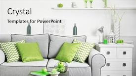  Presentation with living room - Colorful presentation design enhanced with gray green - modern living room interior backdrop and a  colored foreground