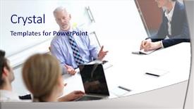  Presentation with group discussion - Slides enhanced with gray hair - business people group on meeting background and a sky blue colored foreground