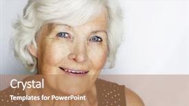  Presentation with copy space leadership - Presentation theme having gray hair - senior woman portrait on grey background and a coral colored foreground