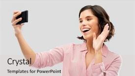  Presentation with young happy people smiling - Slide set with  background and a  colored foreground