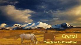  Presentation with horses - Cool new PPT theme with grazing horses at sunset plateau backdrop and a tawny brown colored foreground