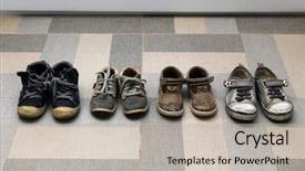  Presentation with boot camp boots - Theme having great benefits - small dirty shoes and boots background and a light gray colored foreground