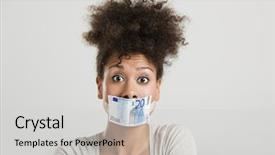  Presentation with woman covering man mouth hand - Presentation theme enhanced with great concept for the global background and a light gray colored foreground