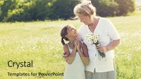  Presentation with sunlight - Cool new PPT theme with great-grandmother and granddaughter standing backdrop and a yellow colored foreground