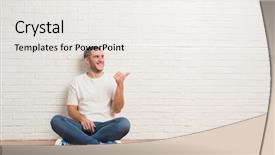  Presentation with paint white brick wall - PPT theme enhanced with great house - young caucasian man sitting background and a sky blue colored foreground
