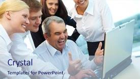  Presentation with laptop screen frame - Beautiful slide set featuring greatjob - photo of happy senior boss backdrop and a sky blue colored foreground