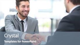  Presentation with shaking hands - Beautiful presentation design featuring great leader - two business people shaking hands backdrop and a  colored foreground