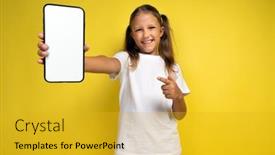  Presentation with smartphone app - Presentation design consisting of great-mobile-offer-happy-girl background and a  colored foreground