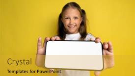  Presentation with smartphone app - Presentation theme consisting of great-mobile-offer-happy-girl background and a gold colored foreground