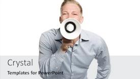  Presentation with news - Slide set featuring great news young joyful businessman shouting with megaphone isolated on white background background and a light gray colored foreground