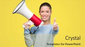  Presentation with fingers - Slide set having great speakers - beautiful young woman holding megaphone background and a  colored foreground