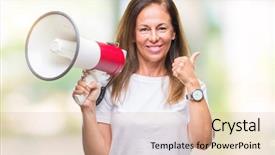  Presentation with hispanic millennials - Presentation design enhanced with great speakers - middle age hispanic woman yelling background and a  colored foreground