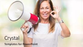  Presentation with yelling - Presentation theme consisting of great speakers - middle age hispanic woman yelling background and a  colored foreground