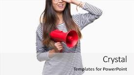  Presentation with asian - Presentation consisting of great speakers - young asian woman holding megaphone background and a  colored foreground