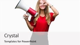  Presentation with yelling - PPT theme featuring great speakers - young beautiful blonde woman yelling background and a  colored foreground