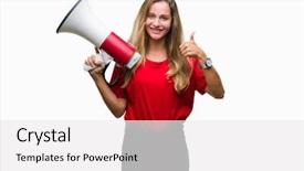  Presentation with yelling - Theme with great speakers - young beautiful blonde woman yelling background and a  colored foreground