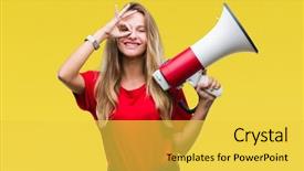  Presentation with yelling - PPT layouts with great speakers - young beautiful blonde woman yelling background and a  colored foreground