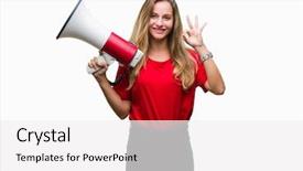  Presentation with yelling - Slide deck featuring great speakers - young beautiful blonde woman yelling background and a  colored foreground