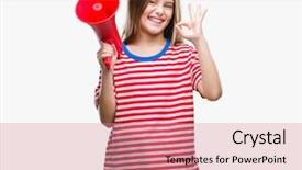  Presentation with yelling - Presentation enhanced with great speakers - young beautiful girl yelling background and a  colored foreground