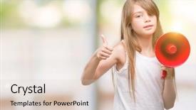  Presentation with blonde holds a magnifying glass - Slides having great speakers - young blonde toddler holding megaphone background and a  colored foreground