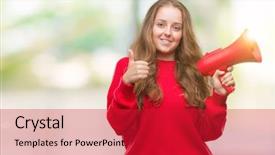  Presentation with blonde holding magnifying glass - Amazing slide deck having great speakers - young blonde woman holding red backdrop and a  colored foreground