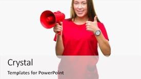  Presentation with yelling - Slide deck featuring great speakers - young caucasian woman yelling background and a  colored foreground