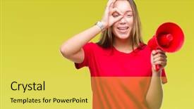  Presentation with yelling - Presentation theme consisting of great speakers - young caucasian woman yelling background and a  colored foreground