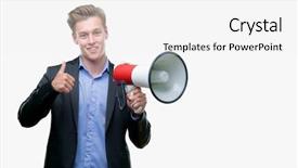  Presentation with doing the right thing - Cool new PPT layouts with great speakers - young handsome blond man holding backdrop and a  colored foreground