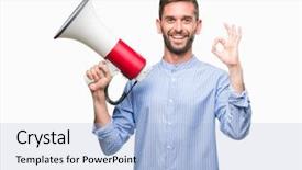  Presentation with yelling - Audience pleasing slides consisting of great speakers - young handsome man yelling backdrop and a  colored foreground