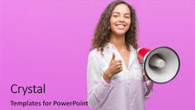  Presentation with fingers - Beautiful theme featuring great speakers - young hispanic woman holding megaphone backdrop and a lilac colored foreground