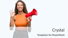  Presentation with young sing woman singing young - Cool new slide deck with great speakers - young hispanic woman holding megaphone backdrop and a cool aqua colored foreground