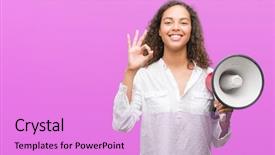  Presentation with hispanic millennials - PPT layouts having great speakers - young hispanic woman holding megaphone background and a lilac colored foreground