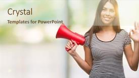  Presentation with holding hands old young - Colorful presentation theme enhanced with great speakers - young hispanic woman holding megaphone backdrop and a  colored foreground