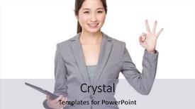  Presentation with hands holding black tablet - Audience pleasing theme consisting of great supervisor - asian young businesswoman hold backdrop and a light gray colored foreground