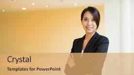  Presentation with office - Cool new presentation design with great supervisor - young businesswoman standing at office backdrop and a  colored foreground