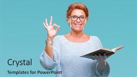  Presentation with kids reading book - Cool new theme with great teacher - senior caucasian woman reading backdrop and a light blue colored foreground