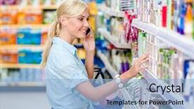  Presentation with consumerism - Beautiful slides featuring great variety of products backdrop and a light blue colored foreground