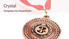  Presentation with medal - Amazing presentation having greatest achievement - bronze medal isolated on white backdrop and a lemonade colored foreground