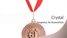  Presentation with medal - Theme featuring greatest achievement - bronze medal isolated on white background and a sky blue colored foreground