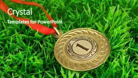  Presentation with gold medal - Slide deck having greatest achievement - gold medal on grass background background and a forest green colored foreground