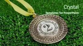  Presentation with medal - Slide set enhanced with greatest achievement - silver medal on grass background background and a forest green colored foreground