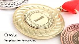  Presentation with achievement - Colorful presentation design enhanced with greatest achievement - three medals close-up isolated backdrop and a lemonade colored foreground