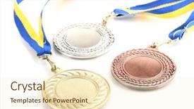  Presentation with achievement - Cool new presentation theme with greatest achievement - three medals isolated on white backdrop and a cream colored foreground