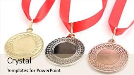  Presentation with achievement - Cool new slide deck with greatest achievement - three medals isolated on white backdrop and a lemonade colored foreground
