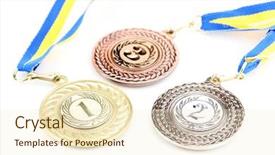  Presentation with army medals - Slide deck featuring greatest achievement - three medals isolated on white background and a  colored foreground