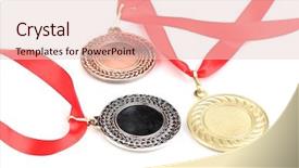  Presentation with three - Audience pleasing presentation design consisting of greatest achievement - three medals isolated on white backdrop and a  colored foreground