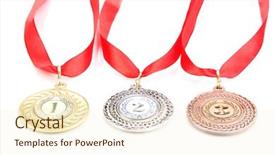  Presentation with three - Colorful presentation enhanced with greatest achievement - three medals isolated on white backdrop and a cream colored foreground