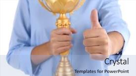 Presentation with trophy - Audience pleasing presentation theme consisting of greatest achievement - woman holding trophy cup isolated backdrop and a light blue colored foreground