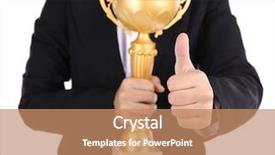  Presentation with cup trophy star award - Theme with greatest achievement - woman holding trophy cup isolated background and a coral colored foreground